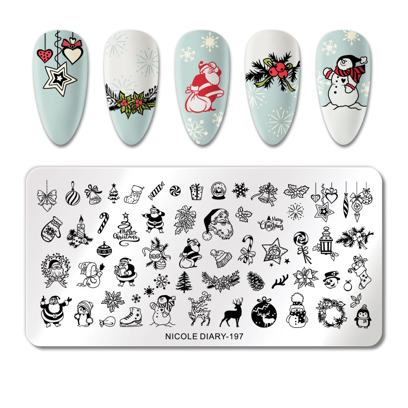 NICOLE DIARY Fulgi de zăpadă de marime farfurii pentru ștanțarea unghiilor Ștampila de Crăciun pentru unghii Moș Crăciun de zăpadă șosete șablon de imprimare