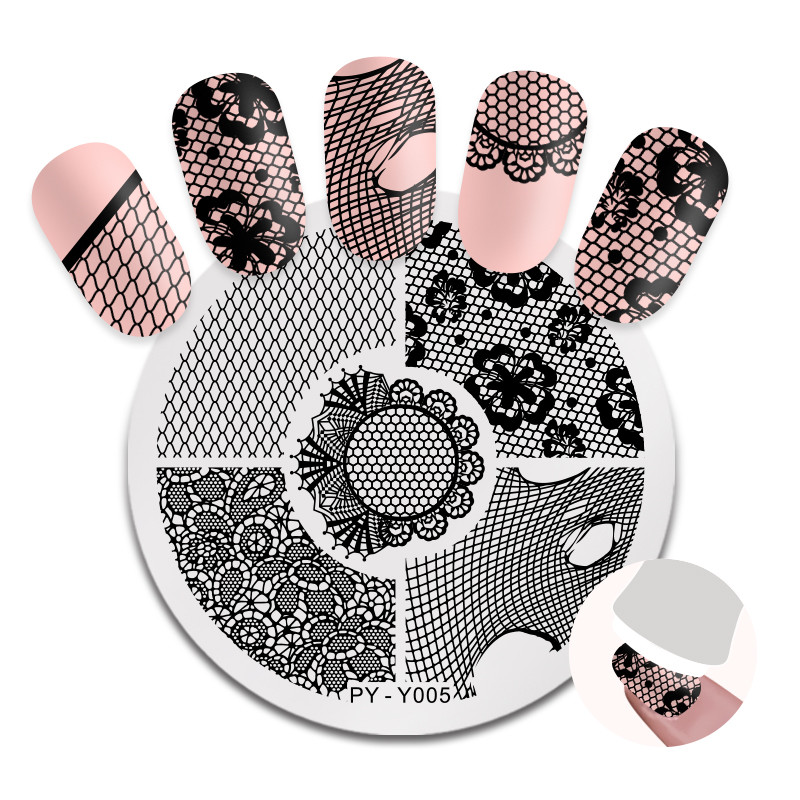 PICT YOU Plăci pentru ștanțare unghii Modele rotunde din dantelă Grilă din oțel inoxidabil Flori Dantela Design unghii Ștampilă Șablon Placă cu imaginea unghiilor