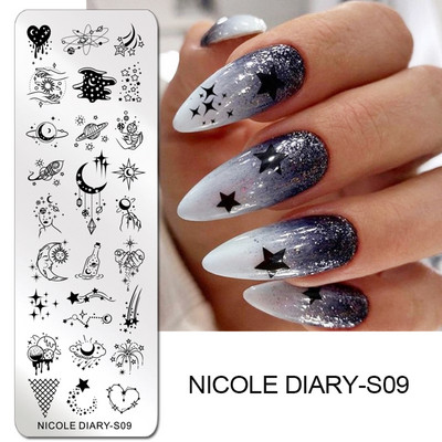 NICOLE DIARY Star Bling Sky Design štancēšanas plāksnes 12*4cm Nagu mākslas zīmogu veidnes Apzīmogošana nagiem Manikīra drukas rīks