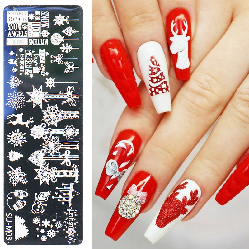 Plăci pentru ștanțare pentru unghii de Crăciun Fulg de nea de Crăciun Elan Cadouri de Moș Crăciun Model tematic Plăci cu imagini pentru arta unghiilor Instrumente pentru șablon LESUM01-06