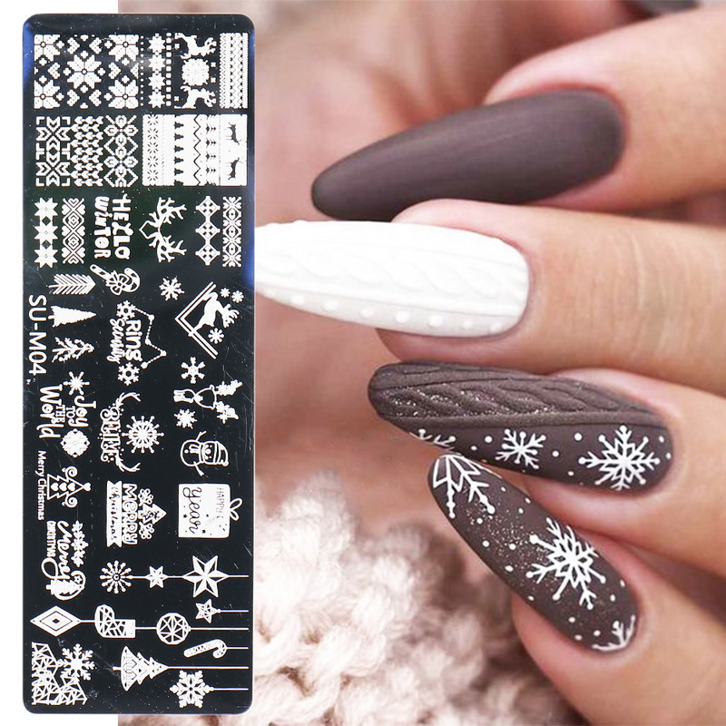 Plăci pentru ștanțare pentru unghii de Crăciun Fulg de nea de Crăciun Elan Cadouri de Moș Crăciun Model tematic Plăci cu imagini pentru arta unghiilor Instrumente pentru șablon LESUM01-06