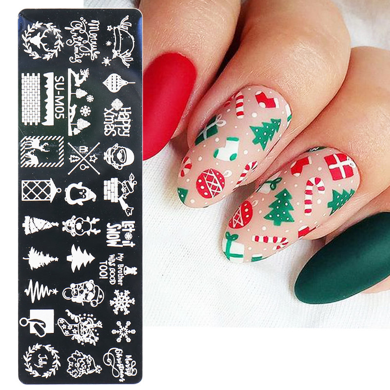 Plăci pentru ștanțare pentru unghii de Crăciun Fulg de nea de Crăciun Elan Cadouri de Moș Crăciun Model tematic Plăci cu imagini pentru arta unghiilor Instrumente pentru șablon LESUM01-06