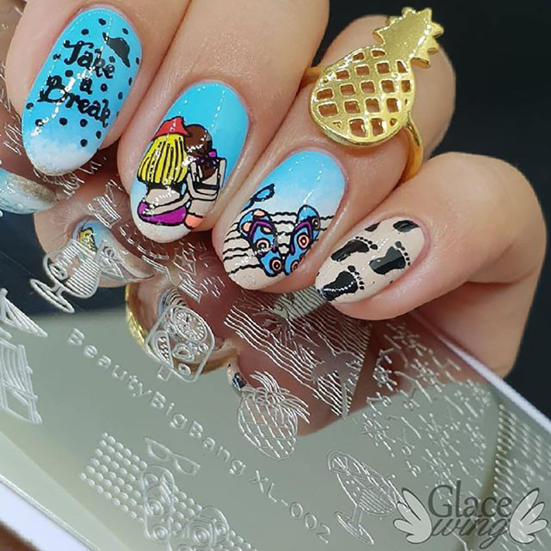 BeautyBigBang Placă de ștanțare pentru arta unghiilor, suc de lămâie, cântare de pește, imagine vintage, șablon de ștanțare pentru arta unghiilor din oțel inoxidabil