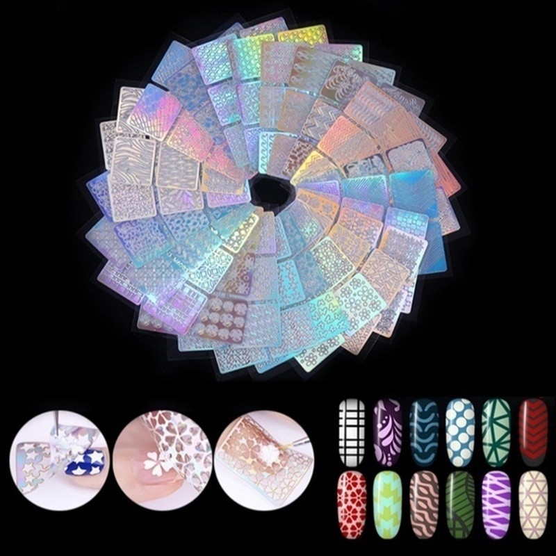 6/12/24 foi/set DIY Nail Art Hollow 3D Laser Autocolant Stencil Gel Polish Nail Vinyl Tip Ghid de transfer șablon Nail Decals