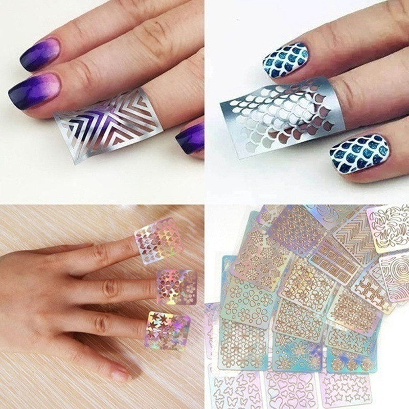 6/12/24 foi/set DIY Nail Art Hollow 3D Laser Autocolant Stencil Gel Polish Nail Vinyl Tip Ghid de transfer șablon Nail Decals