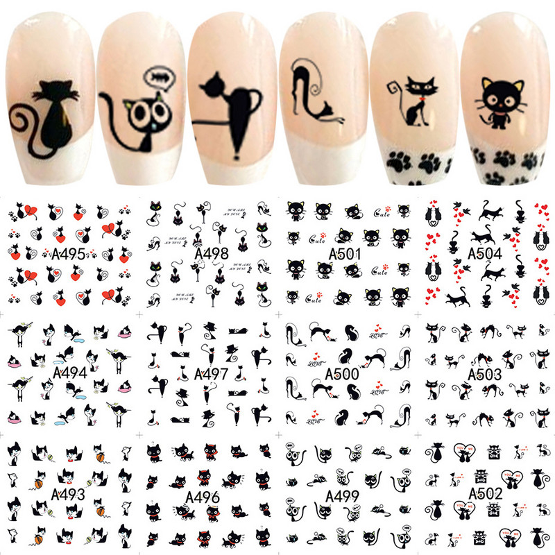 12бр. Сладки коледни стикери за нокти Карикатура Животински дизайн Пингвин Птица Котка Куче Плъзгачи за нокти Водни стикери Декорация LABN1945-1956