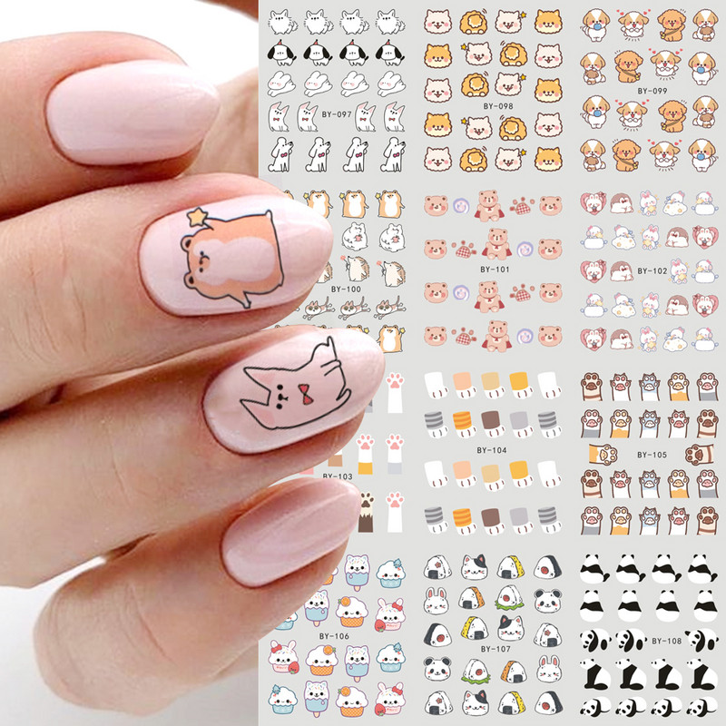 12бр. Сладки коледни стикери за нокти Карикатура Животински дизайн Пингвин Птица Котка Куче Плъзгачи за нокти Водни стикери Декорация LABN1945-1956