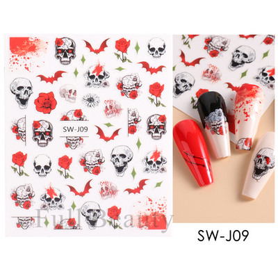 3D körömmatricák matricák fekete kígyóvér karcolások bohóc Halloween szemek tetoválás csúszka Design Téli manikűr dekoráció SAF792