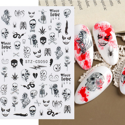 3D körömmatricák matricák fekete kígyóvér karcolások bohóc Halloween szemek tetoválás csúszka Design Téli manikűr dekoráció SAF792