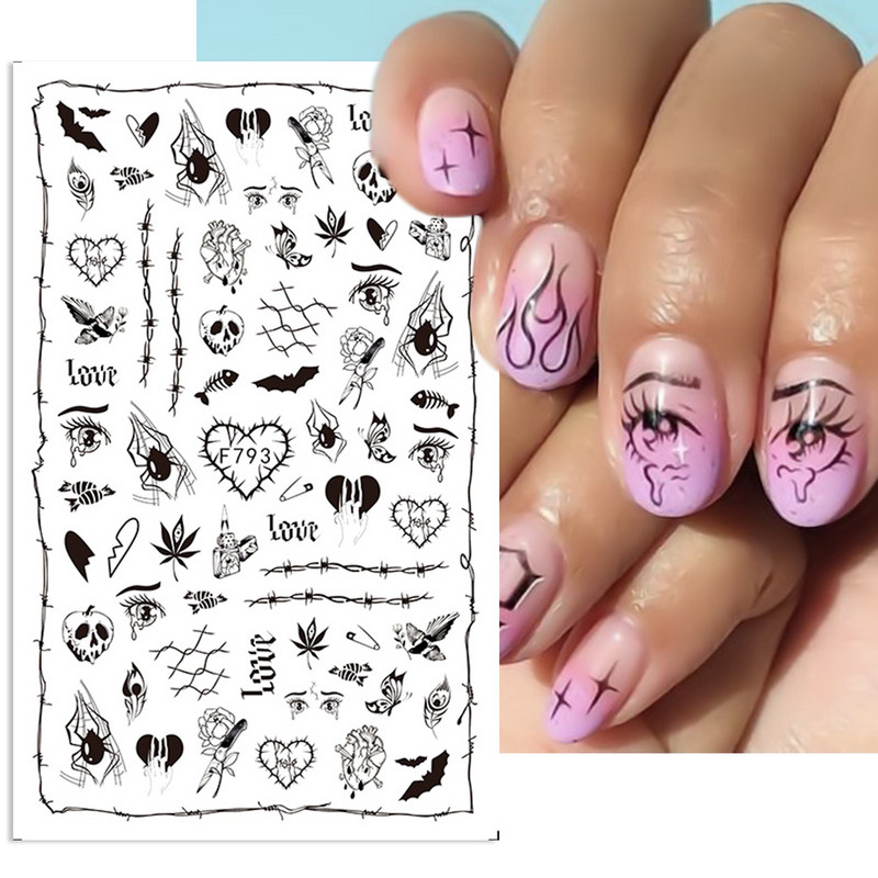 Autocolante 3D pentru unghii Decalcomanii Snake Negru Zgârieturi de sânge Clovn Ochi de Halloween Tattoo Slider Design Iarna Manichiură Decor SAF792