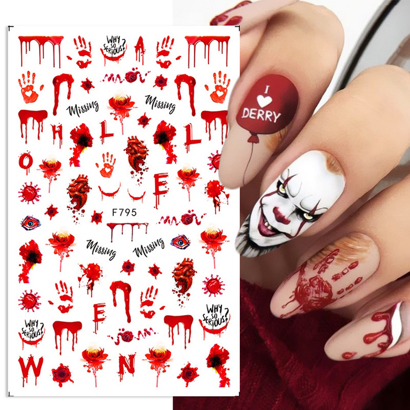 Autocolante 3D pentru unghii Decalcomanii Snake Negru Zgârieturi de sânge Clovn Ochi de Halloween Tattoo Slider Design Iarna Manichiură Decor SAF792