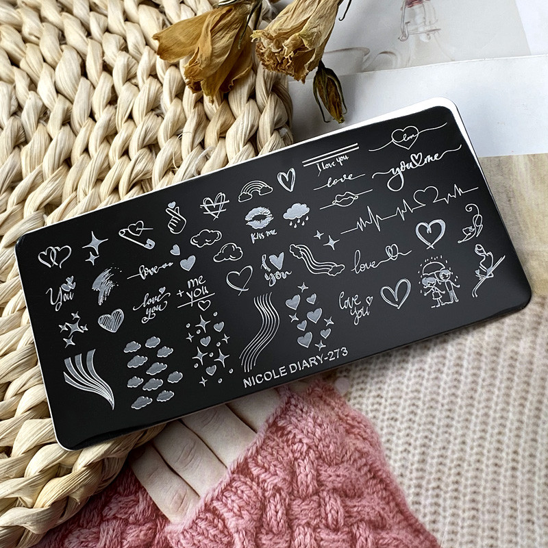 NICOLE DIARY Heart Love Placă de ștanțare pentru arta unghiilor, geometrie, linie de undă, imagine, șabloane de ștampile pentru unghii, unelte pentru plăci de imprimare pentru oje cu gel UV