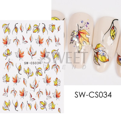 Maple Leaf Fall Nail Design Fekete Sárga Levelek Őszi Nail Art matricák manikűrhöz 3D Lakk Októberi Sliders Fóliák SASW-CS