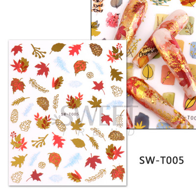 Maple Leaf Fall Nail Design Fekete Sárga Levelek Őszi Nail Art matricák manikűrhöz 3D Lakk Októberi Sliders Fóliák SASW-CS