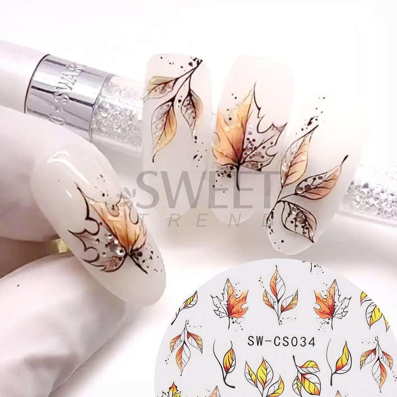 Maple Leaf Fall Nail Design Frunze negre galbene Toamna Nail Art Autocolante pentru manichiură Polish 3D Octombrie Slider Folii SASW-CS