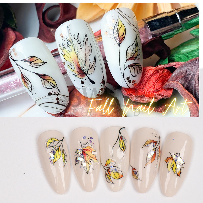 Maple Leaf Fall Nail Design Frunze negre galbene Toamna Nail Art Autocolante pentru manichiură Polish 3D Octombrie Slider Folii SASW-CS