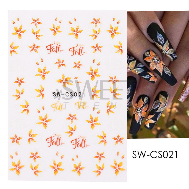 Maple Leaf Fall Nail Design Frunze negre galbene Toamna Nail Art Autocolante pentru manichiură Polish 3D Octombrie Slider Folii SASW-CS