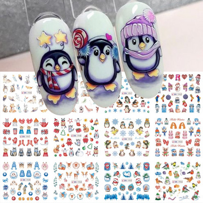 Set de autocolante pentru unghii cu pinguin drăguț de iarnă, 12 bucăți, păsări, urs, pisică, animale, glisoare pentru fulgi de zăpadă, autocolante de apă, decorare 2023 sfaturi de Crăciun SABN