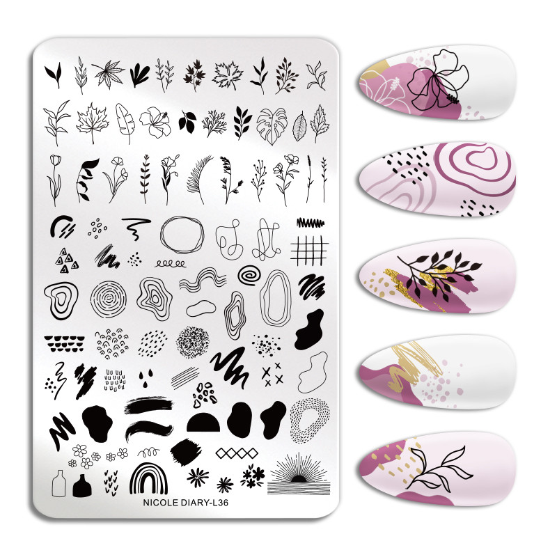 NICOLE DIARY Abstract Line Nail Stamping Plates Artistics Φύλλα λουλουδιών Πρότυπο σφραγίδας Στένσιλ εκτύπωσης από ανοξείδωτο χάλυβα
