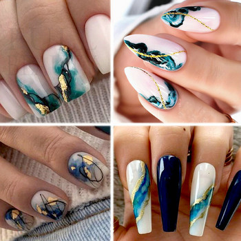 Marble Smoky Nails Αυτοκόλλητα Peacock Green Gold Lines Sliders on Nail Charms Blooming Ink Painting Decal Στολισμός Μανικιούρ YB004