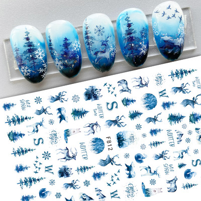 Iarna Craciun Autocolant 3D pentru unghii Crăciun Elan Moș Crăciun Fulg de zăpadă Cerb Desen animat Slider Design Polish Nails Decals Nail Art DIY Decor