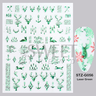 Holografikus piros karácsonyi körömmatrica fényes csillogó hópehely jávorszarvas Mikulás transzfer csúszka téli 3D matrica SASTZG050-058