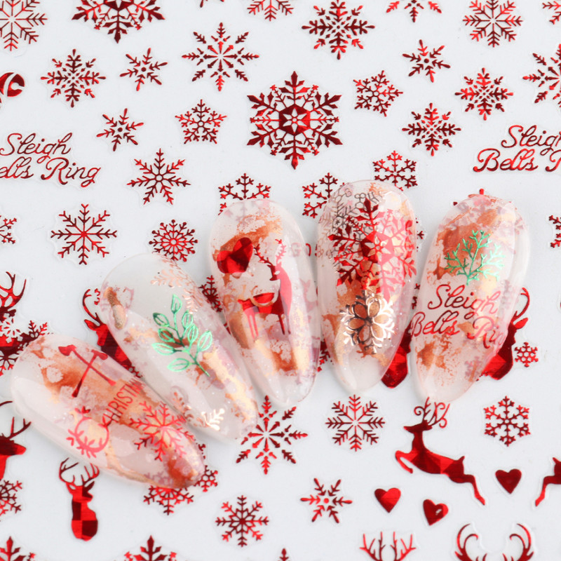 Autocolant holografic roșu pentru unghii de Crăciun, strălucire, fulg de zăpadă, Elan, Moș Crăciun, Glisor de transfer, Iarnă, Decal 3D SASTZG050-058