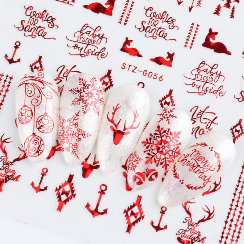 Autocolant holografic roșu pentru unghii de Crăciun, strălucire, fulg de zăpadă, Elan, Moș Crăciun, Glisor de transfer, Iarnă, Decal 3D SASTZG050-058