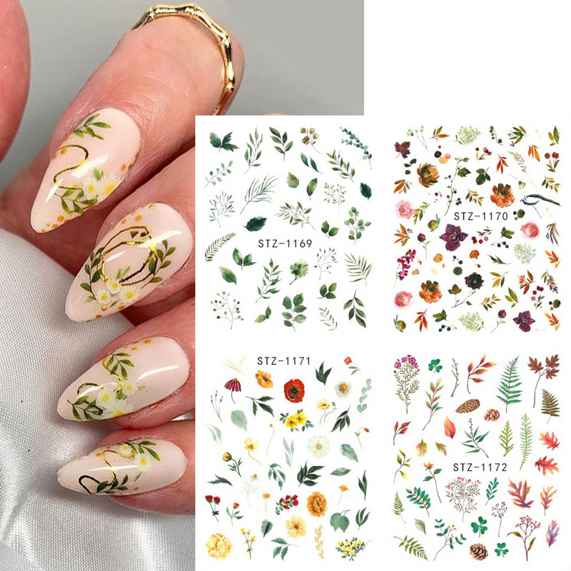 4 τμχ/Σετ Γούρια Λουλούδια Φύλλα Αυτοκόλλητα Νυχιών Ακουαρέλα Αυτοκόλλητα Νυχιών Sliders Διακοσμήσεις Μανικιούρ Αλουμινόχαρτα Τατουάζ TRSTZ1137-1180-1