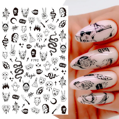Skull Snake Absztrakt arc Körömmatricák Gothic Design Halloween Karácsonyi tetoválás Anime csúszkák körmökhöz Manikűr SACA725-732