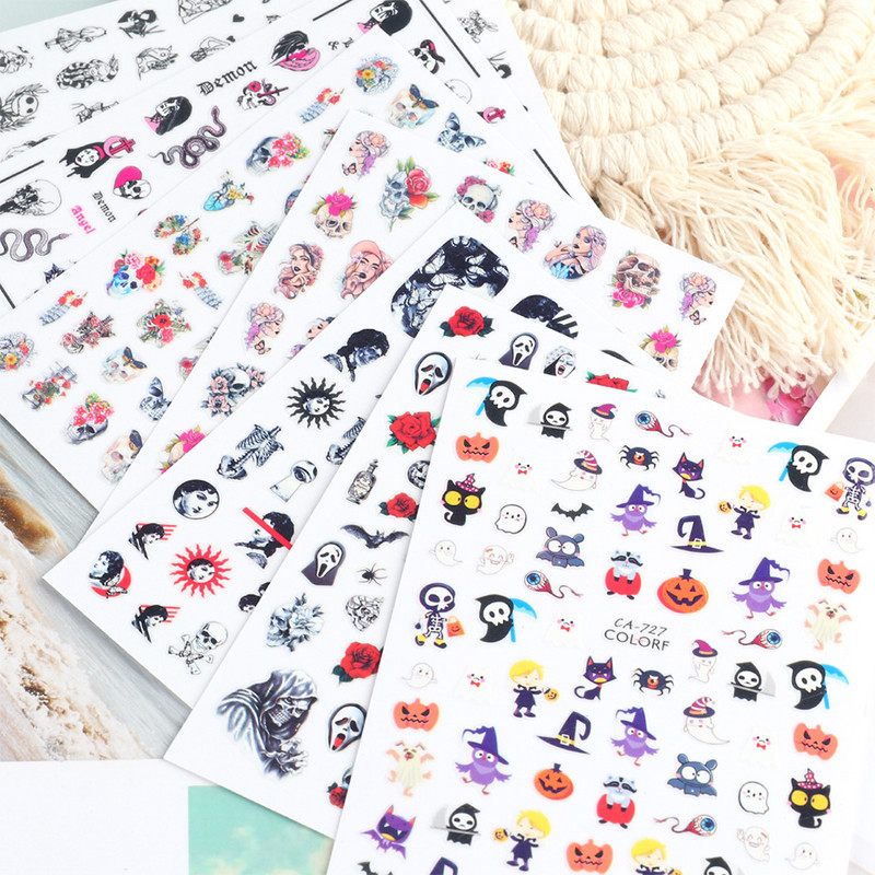 Skull Snake Absztrakt arc Körömmatricák Gothic Design Halloween Karácsonyi tetoválás Anime csúszkák körmökhöz Manikűr SACA725-732