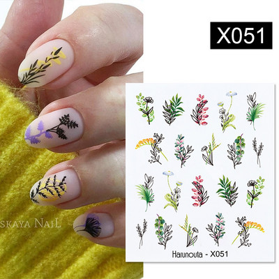 Harunouta 1 τμχ Spring Water Nail Decal and Sticker Flower Leaf Tree Green Simple Summer Slider for Manicuring Nail Art Watermark