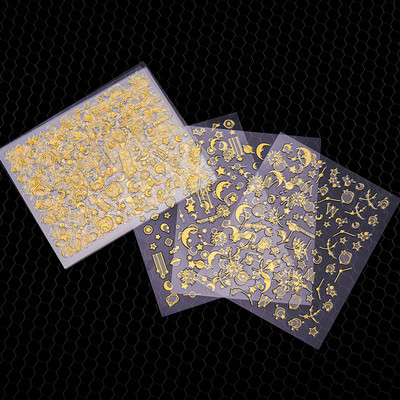 6 τμχ/σετ Aurora Gold Silver Αυτοκόλλητα νυχιών 3D Heart Star Moon Flame Sun Decals Nail Art DIY Διακόσμηση νυχιών Ανάγλυφο αυτοκόλλητο νυχιών