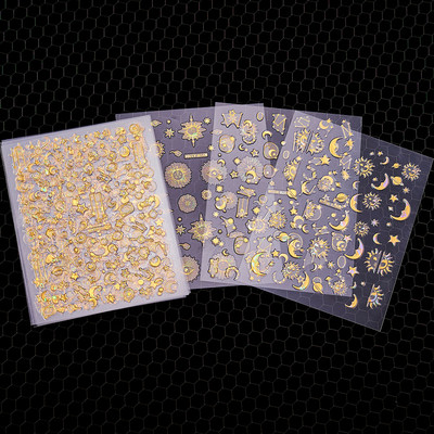 6 τμχ/σετ Aurora Gold Silver Αυτοκόλλητα νυχιών 3D Heart Star Moon Flame Sun Decals Nail Art DIY Διακόσμηση νυχιών Ανάγλυφο αυτοκόλλητο νυχιών