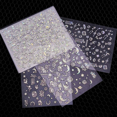 6 τμχ/σετ Aurora Gold Silver Αυτοκόλλητα νυχιών 3D Heart Star Moon Flame Sun Decals Nail Art DIY Διακόσμηση νυχιών Ανάγλυφο αυτοκόλλητο νυχιών