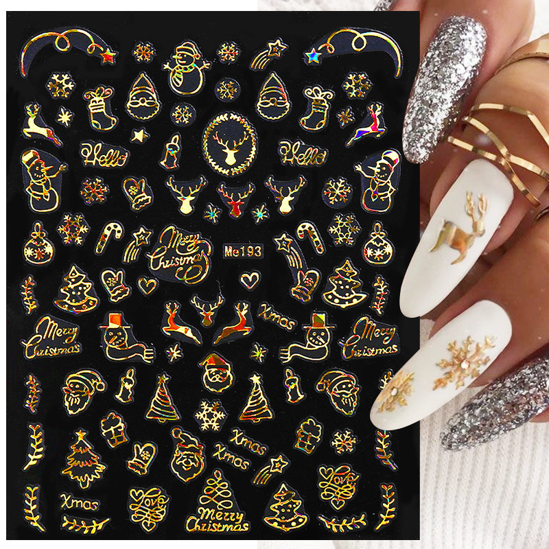 Lézer arany ezüst karácsonyi köröm matricák Mikulás jávorszarvas fa Szarvas medvék aranyos rajzfilm csúszkák fehér hópelyhek matricák csúszka