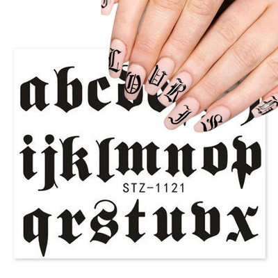 ABC Letter Αυτοκόλλητα Nail Art Αυτοκόλλητα Αγγλικής Παλιάς Γραμματοσειράς Μαύρος Αριθμός Τατουάζ Σχέδιο Νυχιών Σχεδίαση Νερού Συρόμενα Μανικιούρ Περιτυλίγματα CHSTZ1046-1049
