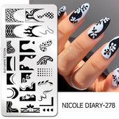 NICOLE DIARY Μαύρο Λευκό Λουλούδι Πλάκες Σφράγισης Wave Πρότυπα Γαλλικής Σφραγίδας Νυχιών Εκτύπωση Σχέδιο Στένσιλ Σφράγιση για Νύχια