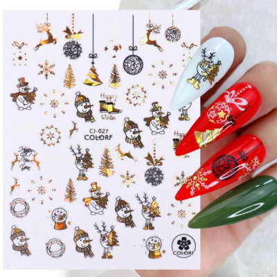 Autocolante holografice de aur cu om de zăpadă pentru Crăciun festiv Moș Crăciun Cerb de pădure Iarna Nail Art Decorat Sfaturi de decal 3D SACJ019