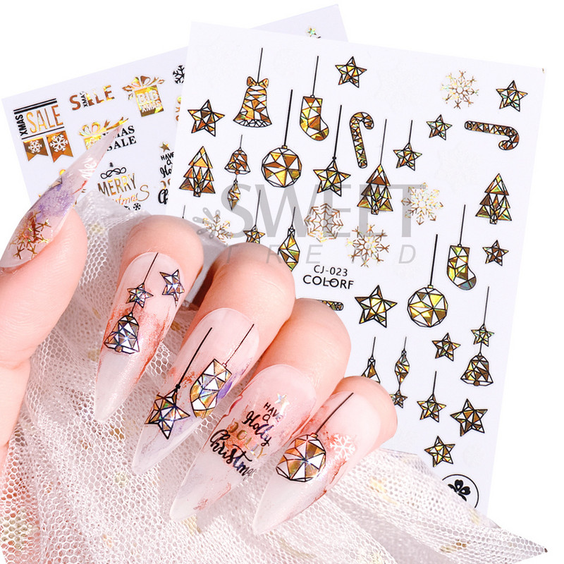 Holografikus arany hóember matricák ünnepi karácsonyi Mikulás Erdei Szarvas Téli Körömdíszítés 3D Matrica Tippek SACJ019