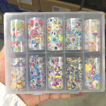 100X4cm Cartoon Print Transfer Foil Box 100x4cm 10Rolls Αυτοκόλλητα Cartoon Αυτοκόλλητα Nail Art Foil τρισδιάστατη διακόσμηση Foils Αυτοκόλλητα