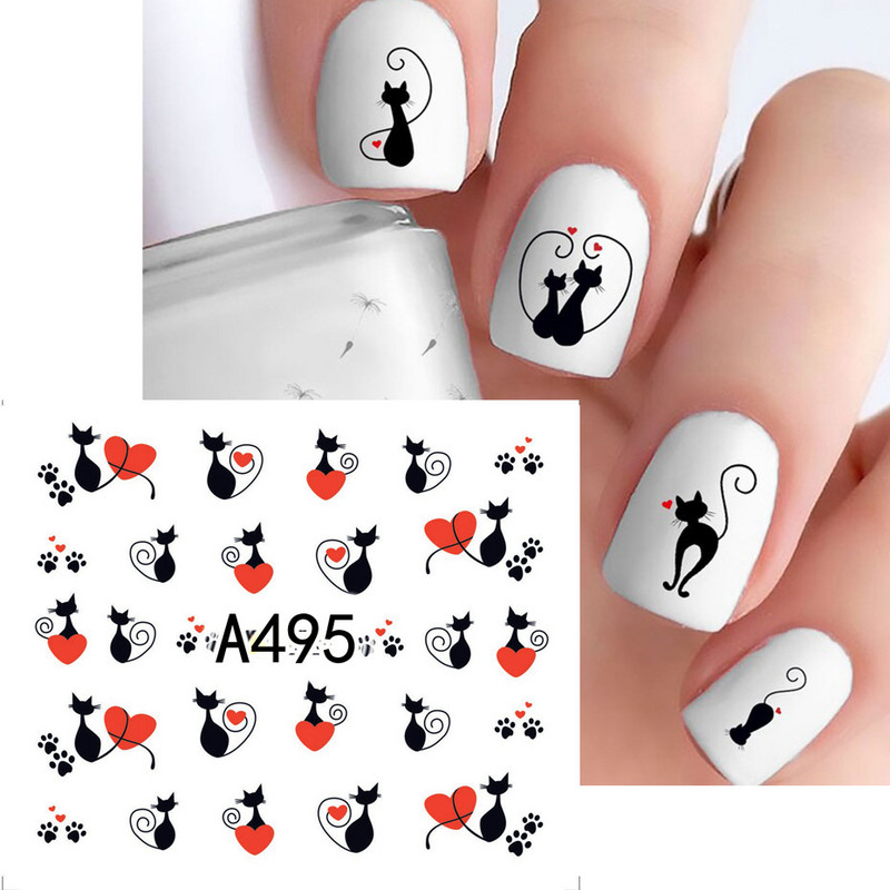 12 buc. Autocolante pisica neagră Autocolante pentru unghii Inimă de dragoste Desene animat Nail Art Glisoare de apă Decoratiuni pentru tatuaje Valentine Manichiură TRA493-504
