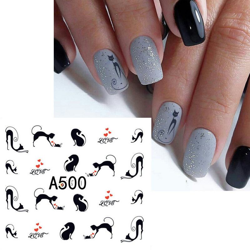 12 buc. Autocolante pisica neagră Autocolante pentru unghii Inimă de dragoste Desene animat Nail Art Glisoare de apă Decoratiuni pentru tatuaje Valentine Manichiură TRA493-504