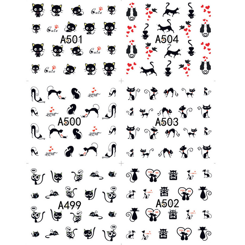 12 buc. Autocolante pisica neagră Autocolante pentru unghii Inimă de dragoste Desene animat Nail Art Glisoare de apă Decoratiuni pentru tatuaje Valentine Manichiură TRA493-504