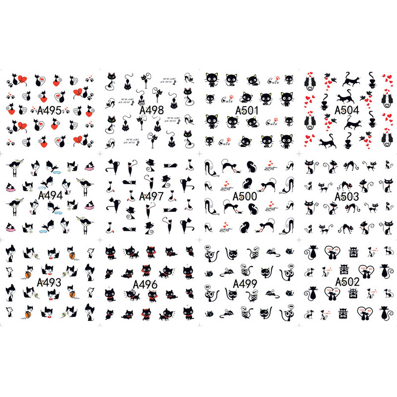 12 buc. Autocolante pisica neagră Autocolante pentru unghii Inimă de dragoste Desene animat Nail Art Glisoare de apă Decoratiuni pentru tatuaje Valentine Manichiură TRA493-504