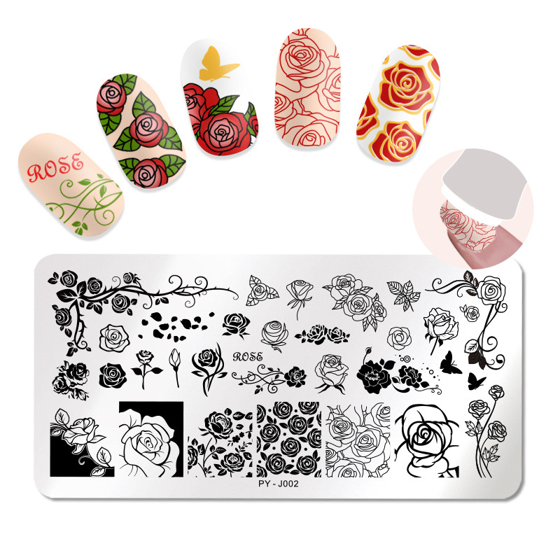 PICT YOU Ορθογώνιες πλάκες σφράγισης Rose Flower Series Image Design Stamp Εργαλεία πρότυπο σχεδίασης νυχιών από ανοξείδωτο ατσάλι J002