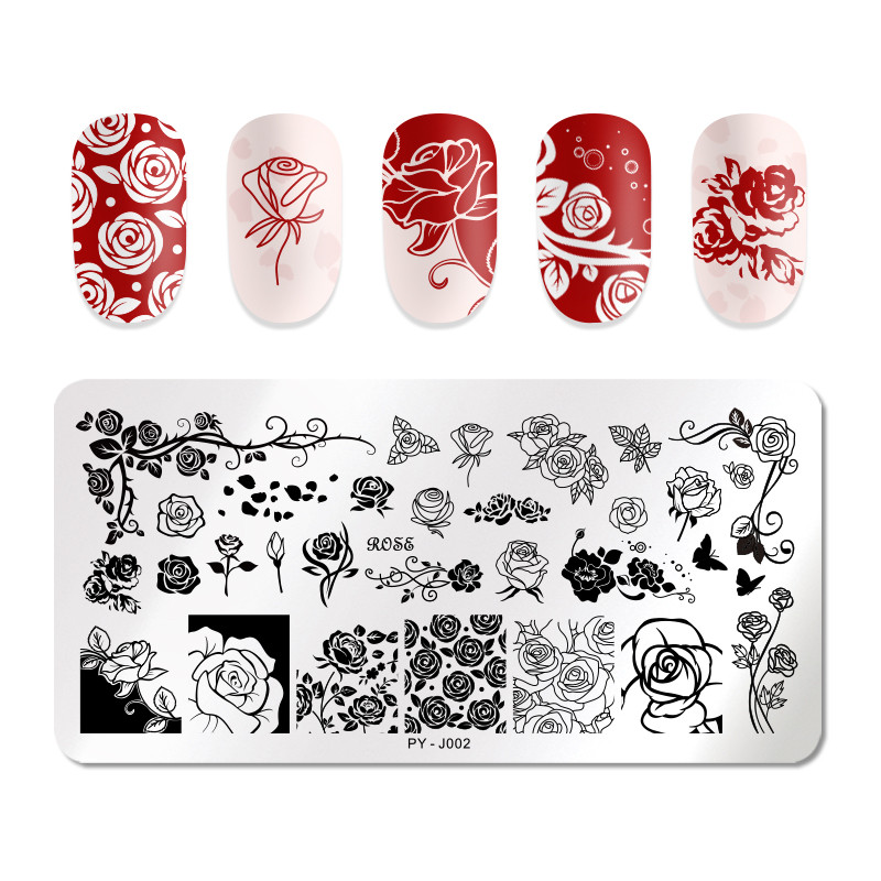 PICT YOU Ορθογώνιες πλάκες σφράγισης Rose Flower Series Image Design Stamp Εργαλεία πρότυπο σχεδίασης νυχιών από ανοξείδωτο ατσάλι J002