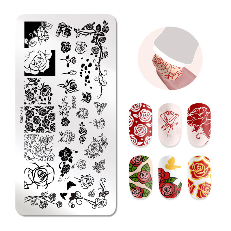 PICT YOU Ορθογώνιες πλάκες σφράγισης Rose Flower Series Image Design Stamp Εργαλεία πρότυπο σχεδίασης νυχιών από ανοξείδωτο ατσάλι J002