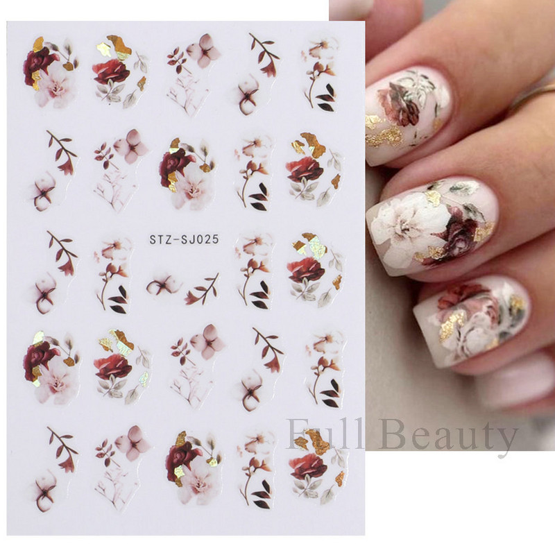 Χρυσό Μαύρο Ολογραφικό Αυτοκόλλητο Νυχιών Πεταλούδα Σχέδιο Φύλλων Ακουαρέλα Λουλούδι 3D Sliders για μανικιούρ για άνοιξη LASTZ-SJ