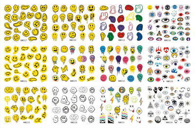 12 mustrit Trippy Smile Näoküüned Vesikleebised Seene Slider Kleebised Trippy Nail Art Rainbow Transfer Kleebised Kleebised Silmad